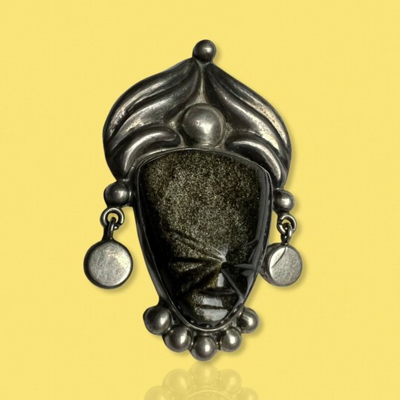 ERR Mexico Sterling 925 Brooch Pendant Carved Aztec Warrior Face Green Onyx? - Picture 1 of 6